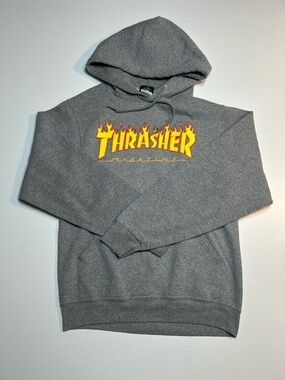 Thrasher Flame Logo Hoodie Grey Skateboard Magazine Pullover Sweatshirt